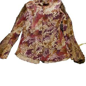 NEW! Komarov WMN Multcolor Fruit Print Crinkle Top Lace Up Back Long Sleeve SzL